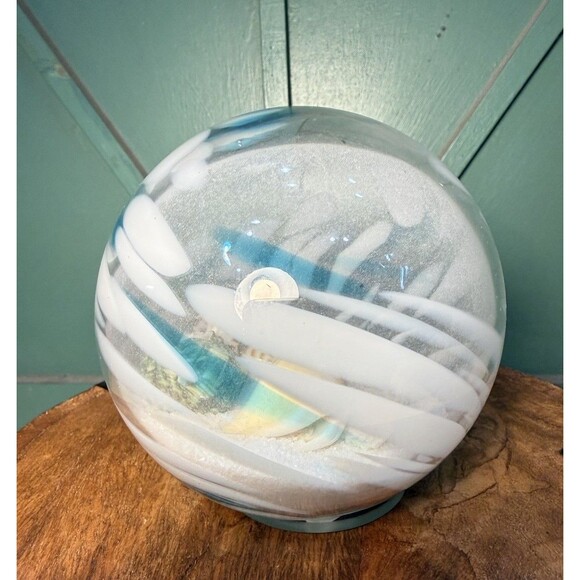 Blown Glass Sea Globe With Sand & Seashells Blue, White, Jade Turbo Shell Beach - Picture 2 of 5